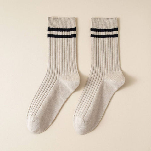 Classic Two Stripes Print Crew Socks for Women