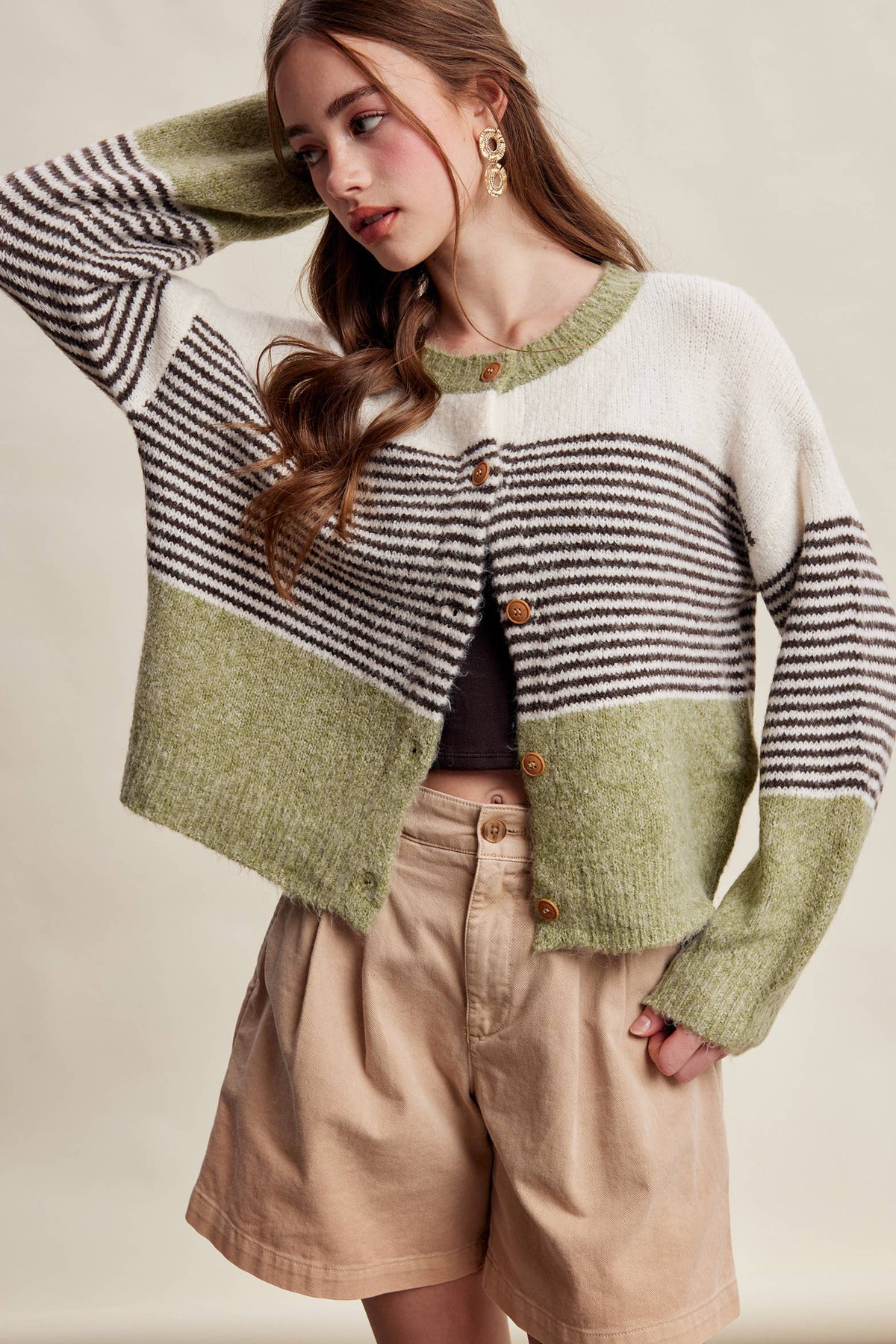 Striped Color Block Button Front Cardigan