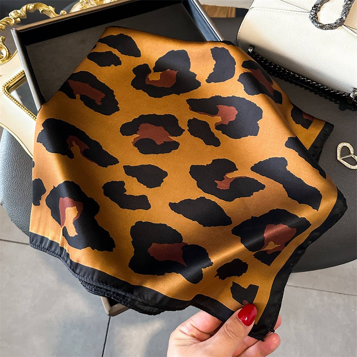 Leopard Print Satin Square Scarf, Hair Wrap