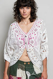 Batwing Sleeve Button Down Solid Crochet Cardigan Top