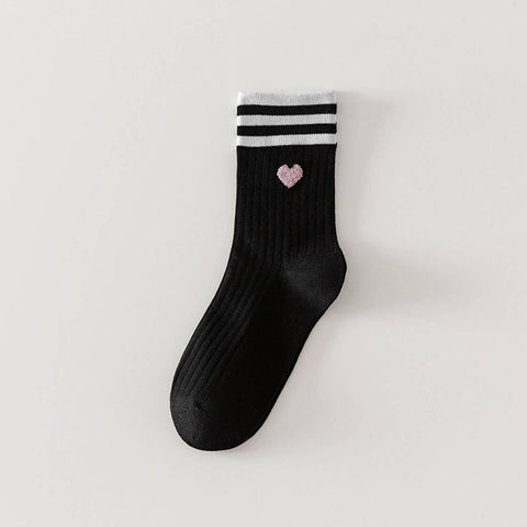 College Style Heart, Two Stripes Print Crew Socks