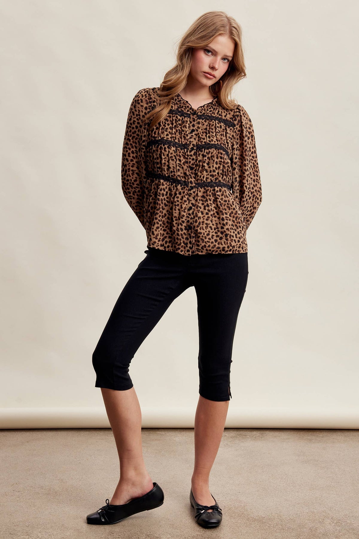 Leopard Print Lace Trim Blouse