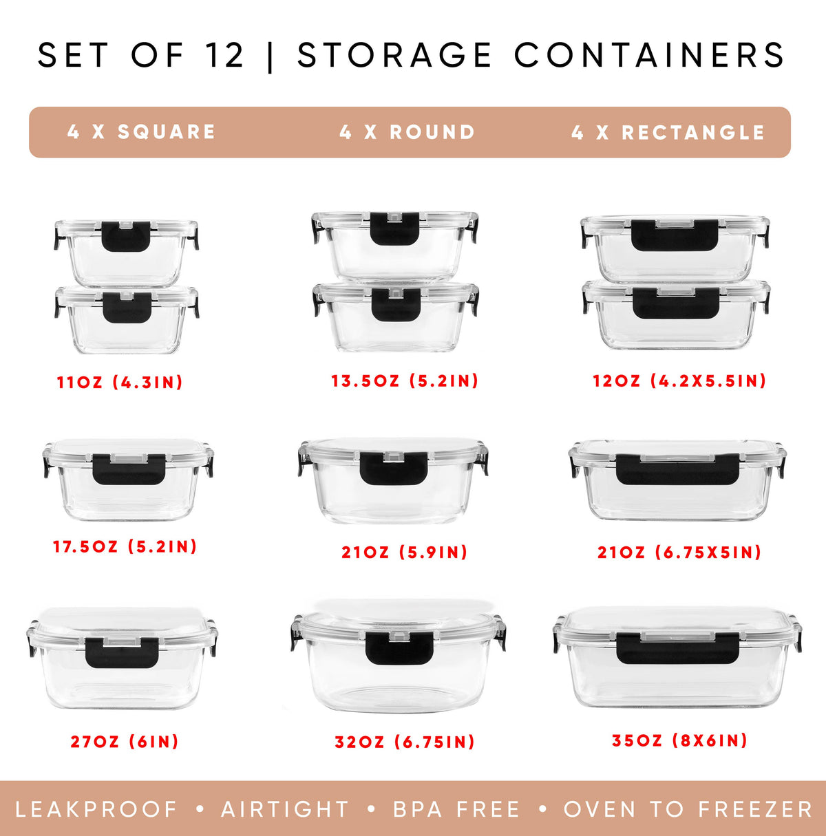 12 Piece Glass Kitchen Storage Containers with Lids - Black
