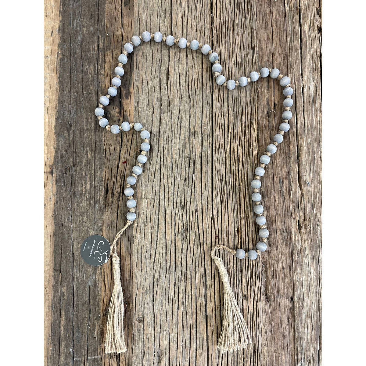 Chic Wooden Bead Garland With Jute Tassels - Grey Natural 69