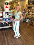 Green Striped Wide-Leg Drawstring Track Pants