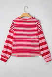 Strawberry Pink Mix Striped Drop Shoulder Patchwork Sleeve V Neck Pullover