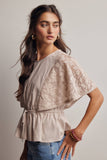 Lace Cape Sleeve Cotton Peplum Top