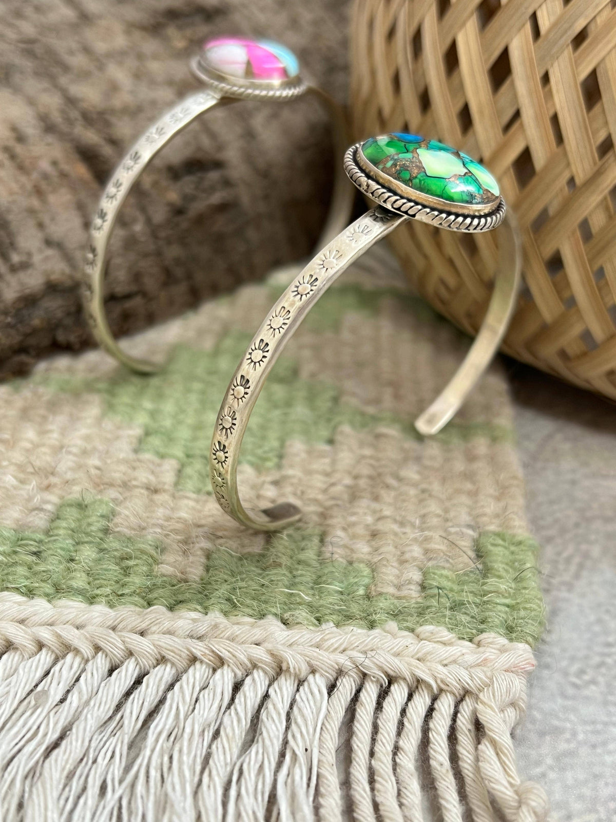 Handmade Sterling Silver Peacock Dahlia, Cotton Candy Turquoise Cuff Bracelet