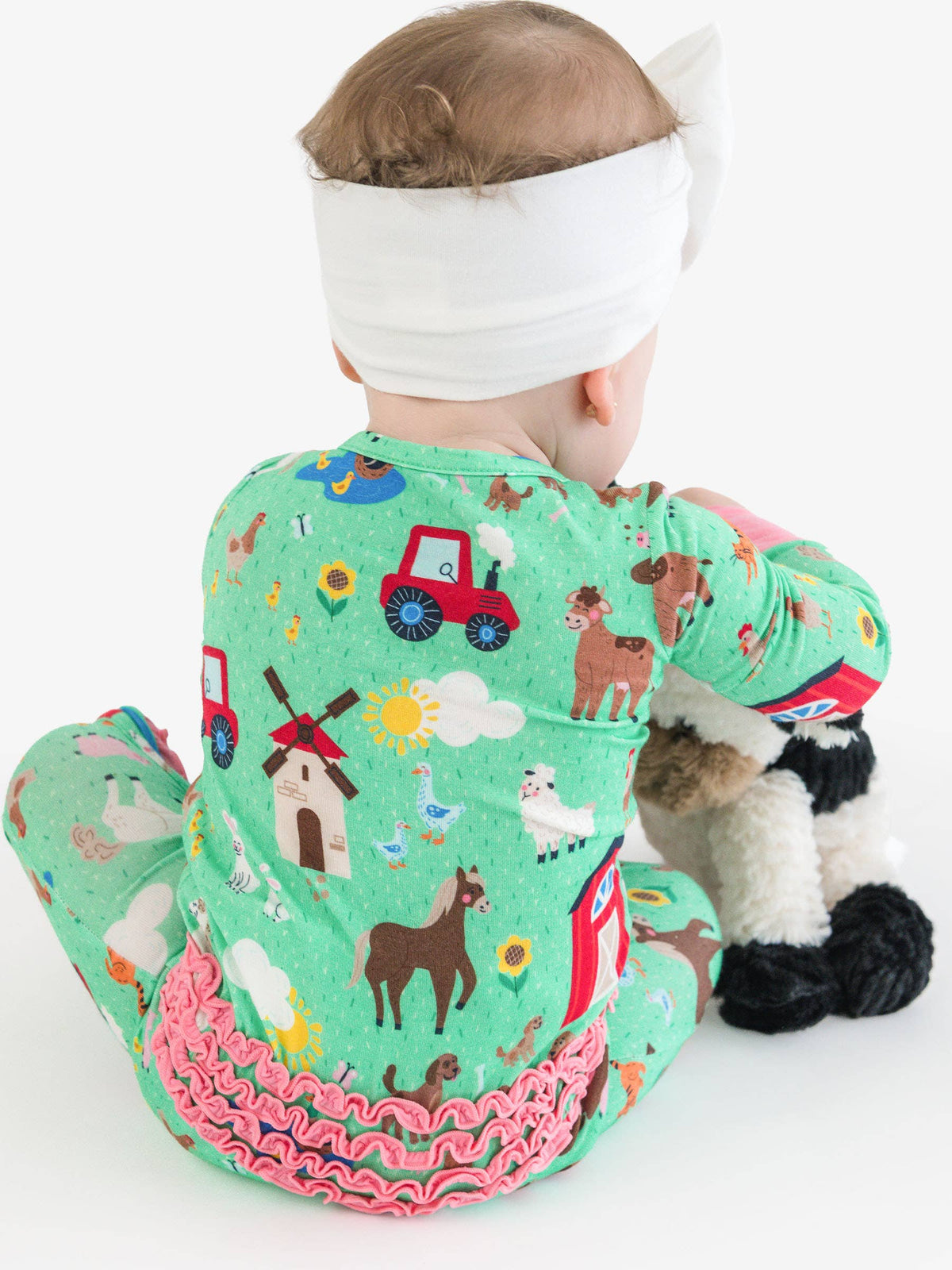 SoftSnooze™ Baby Girls Bamboo Viscose Farm Friends Convertible Ruffle One Piece Footie Pajama
