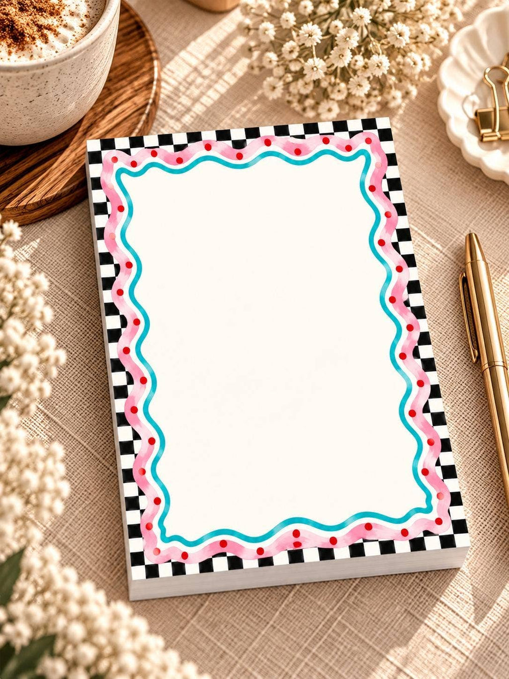 Retro Checkered, Pink Wavy Border & Cute Colorful