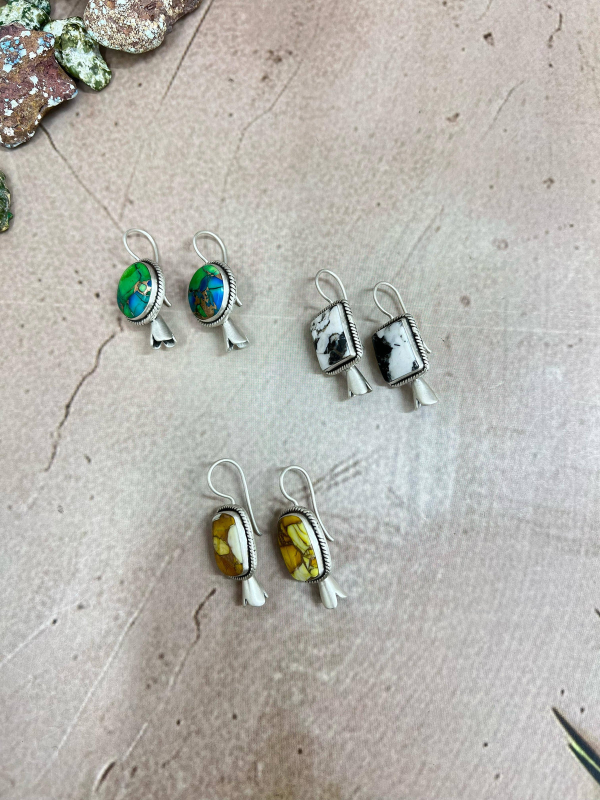 Handmade Sterling Silver Peacock Dahlia, White Buffalo Turquoise, Honey Dahlia Blossom Dangle Earrings with Signed Nizhoni