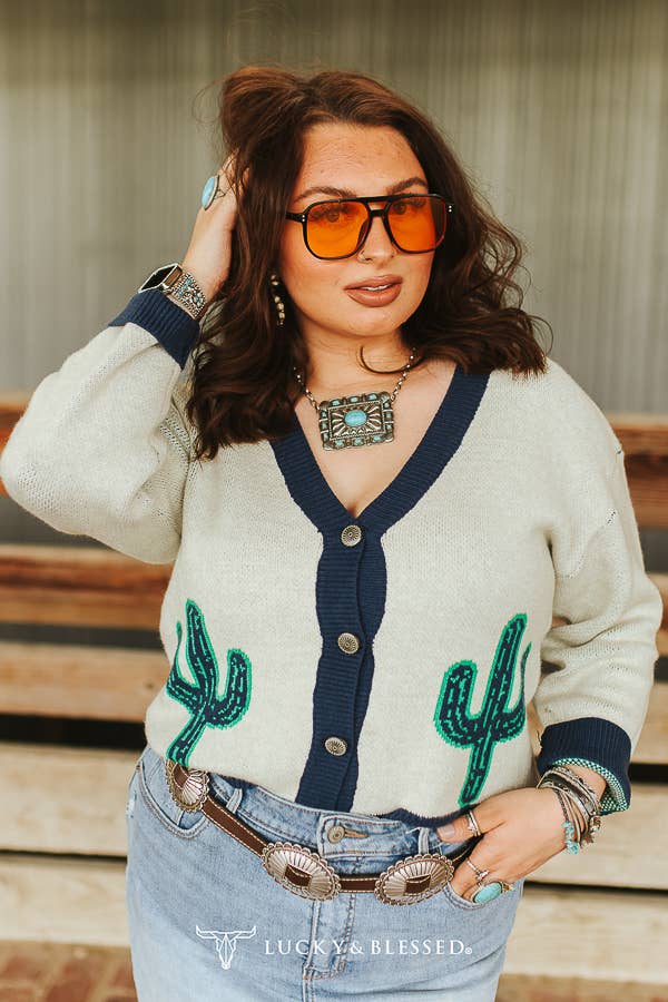 White Knit Cactus Contrast Button Down Sweater Cardigan