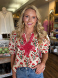 Red Floral and Rope Detail Top