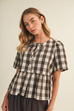 Keyhole Tie-Neck Gingham Peplum Blouse