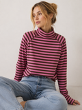 Mock Neck Yarn-Dyed Striped Oversized Long Sleeve Tee