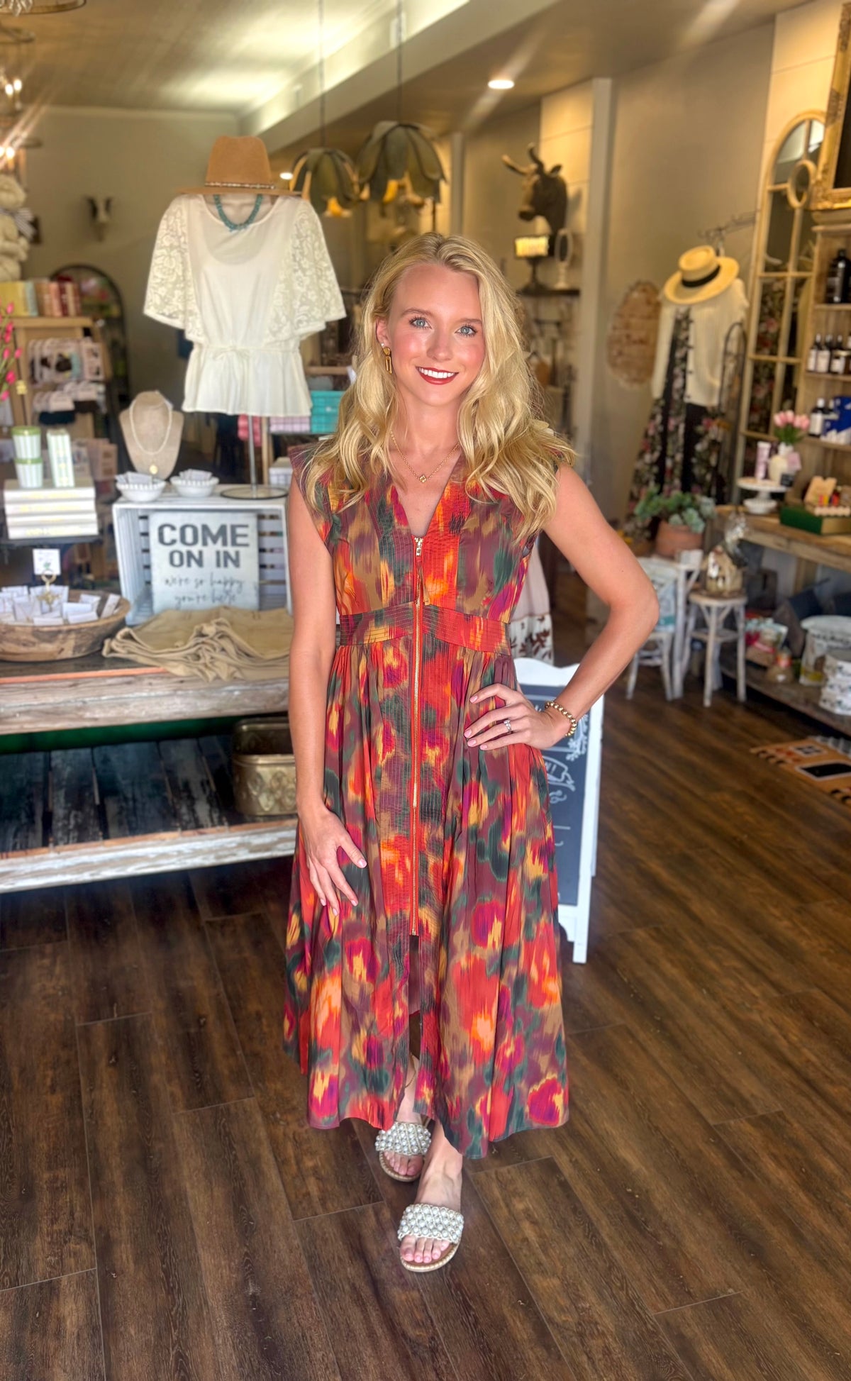 Front Zip Colorful Midi Dress