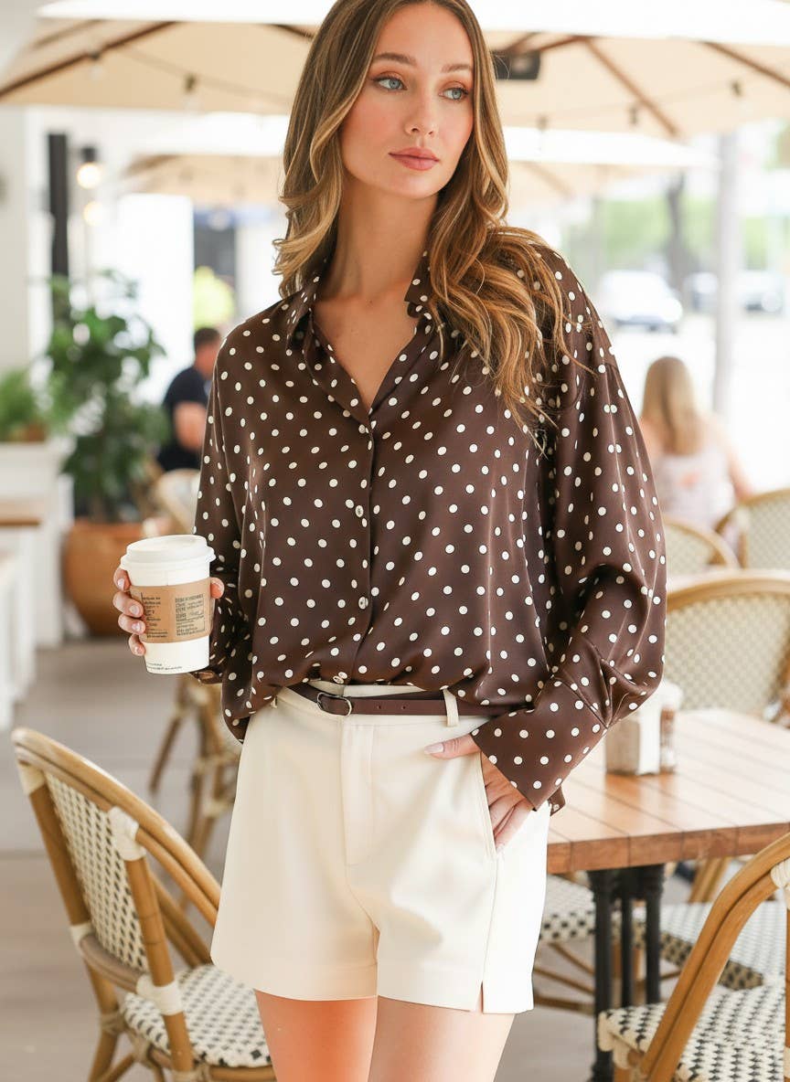 Polka Dot Long-Sleeve Satin Blouse
