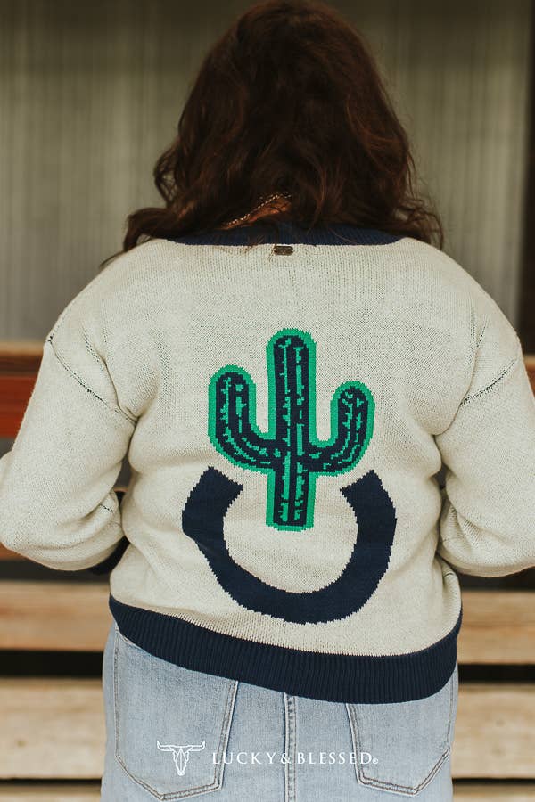 White Knit Cactus Contrast Button Down Sweater Cardigan
