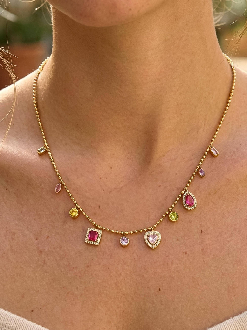Daiselle 18K Gold Non-Tarnish Colorful CZ Charm Necklace