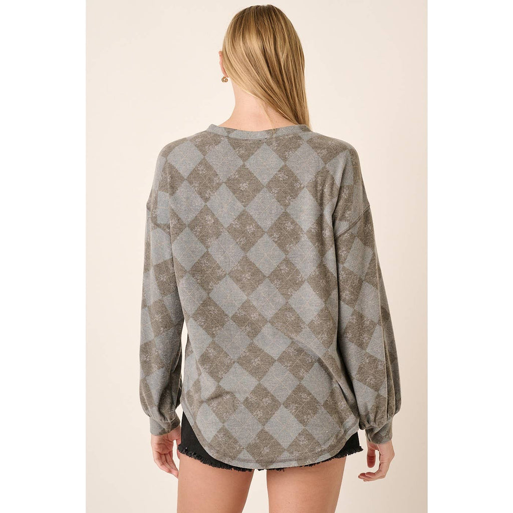 Argyle Pattern Henley Long Sleeve Top