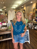 Light Blue Horse Shoe Embroidered Loose Short Sleeve Sweater