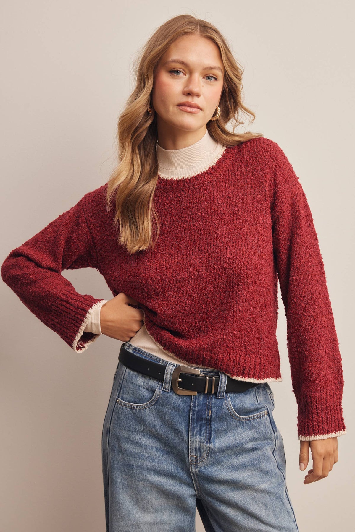 Contrast Trim Bouclé Sweater