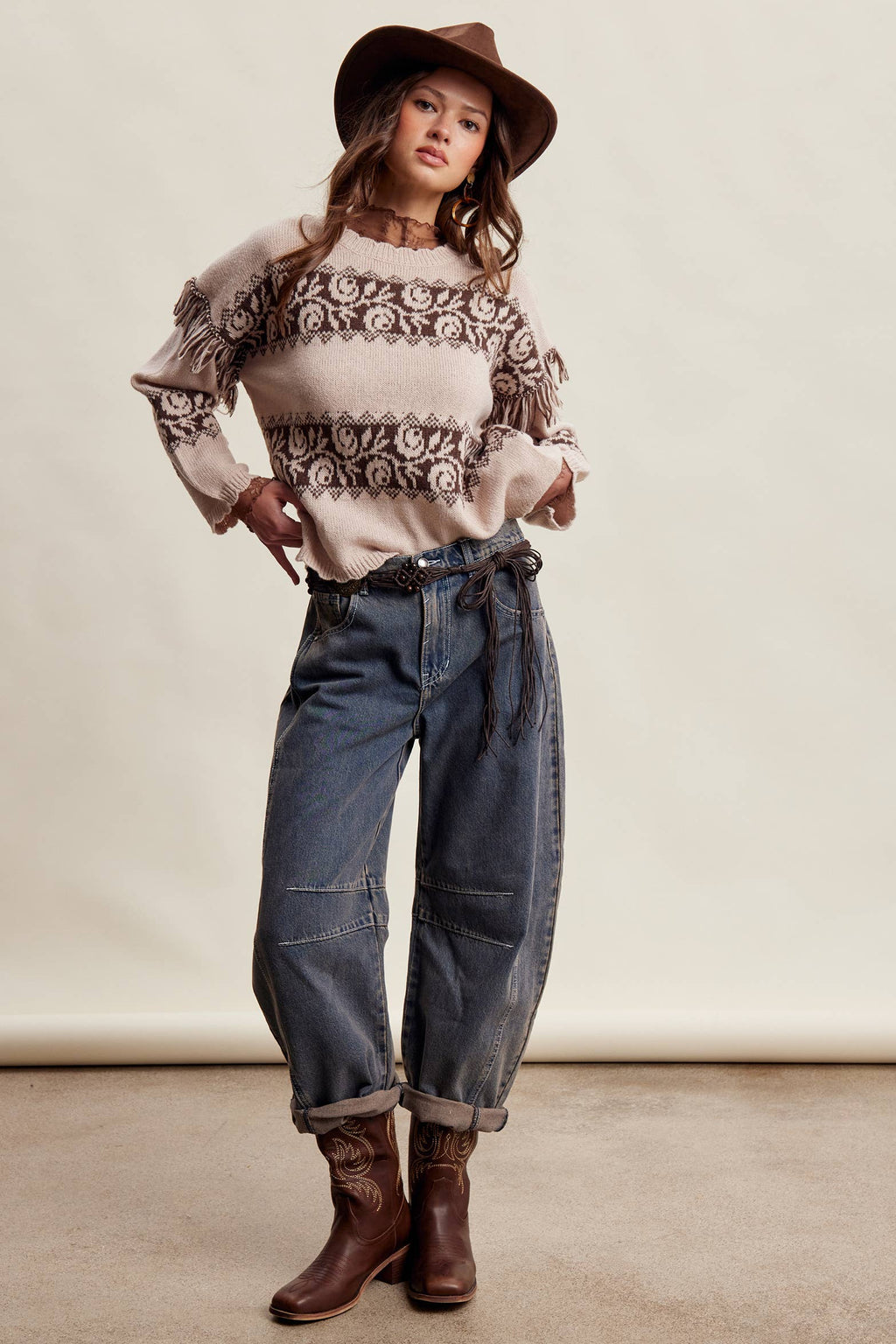 Western Fringe Pattern Knit Sweater