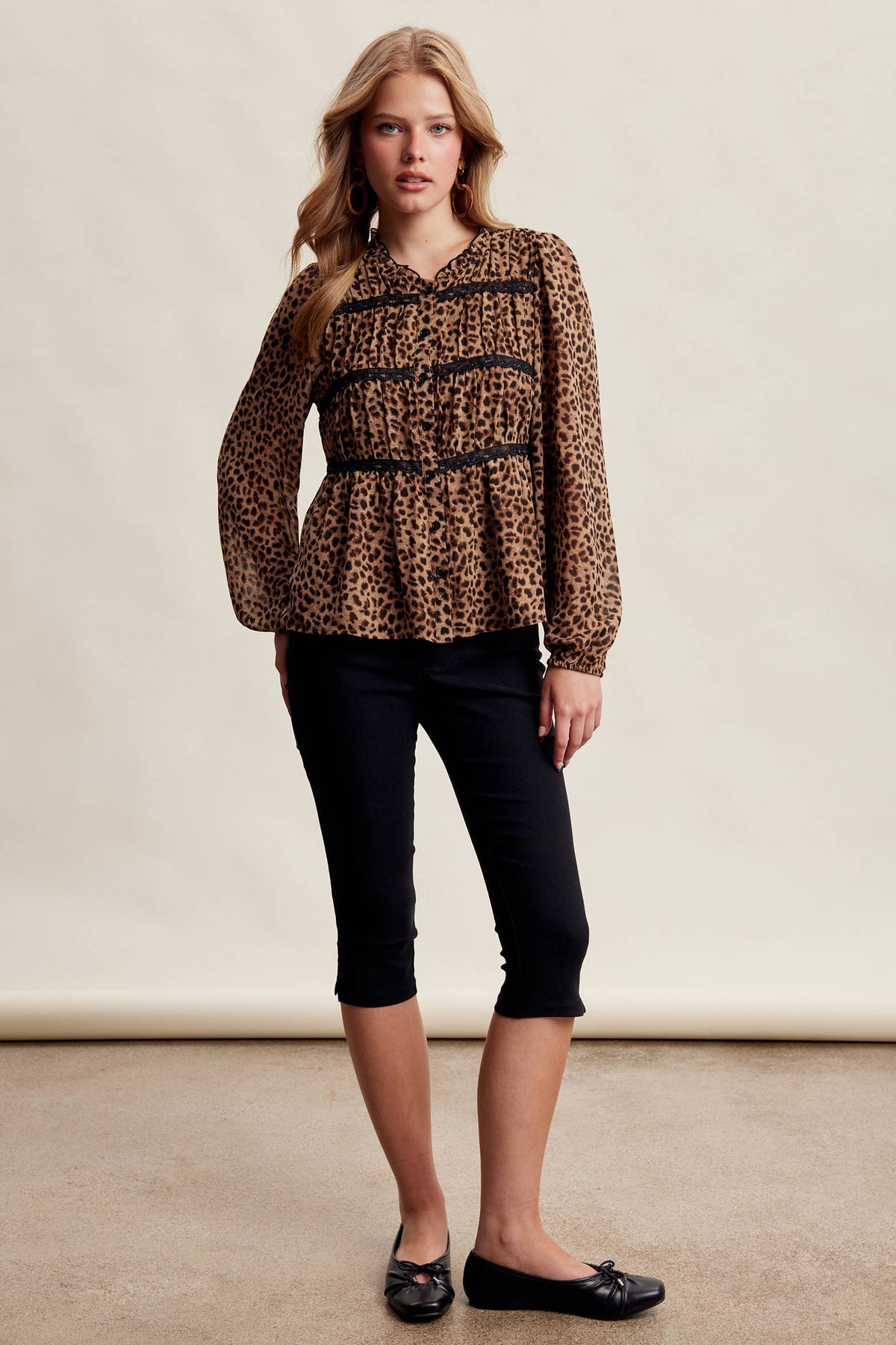 Leopard Print Lace Trim Blouse