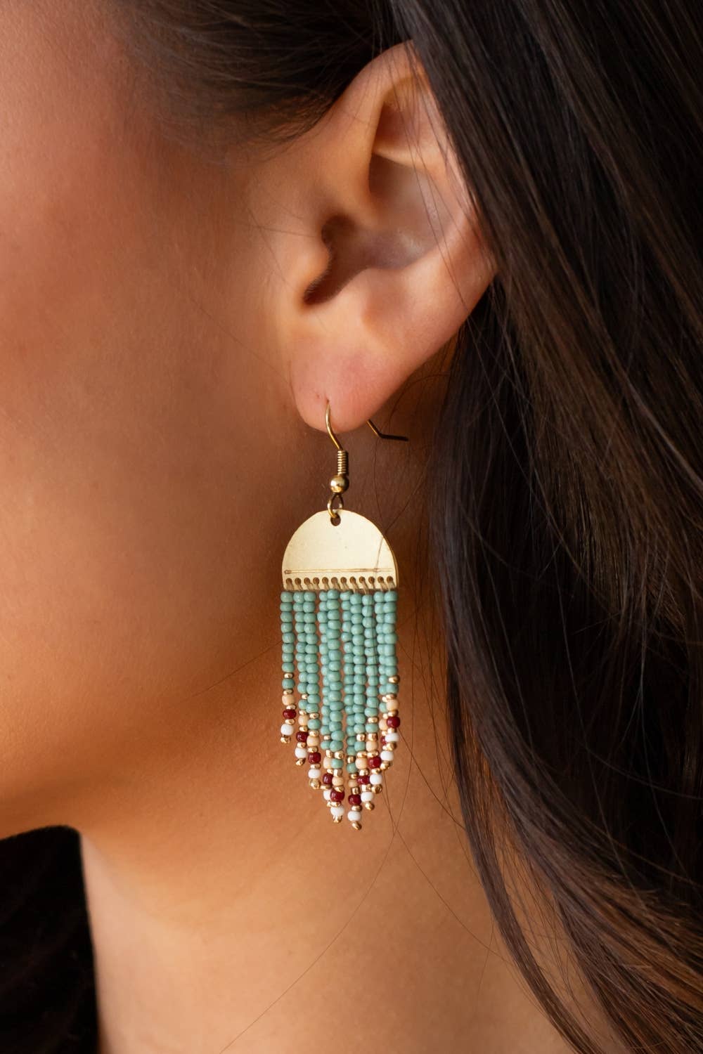 Gold & Teal Beaded Fringe Earrings