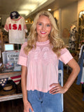 Linen Blend Lace Trim Short Sleeve Blouse