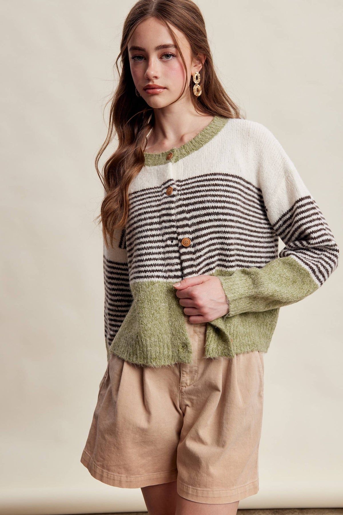 Striped Color Block Button Front Cardigan