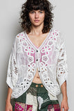 Batwing Sleeve Button Down Solid Crochet Cardigan Top