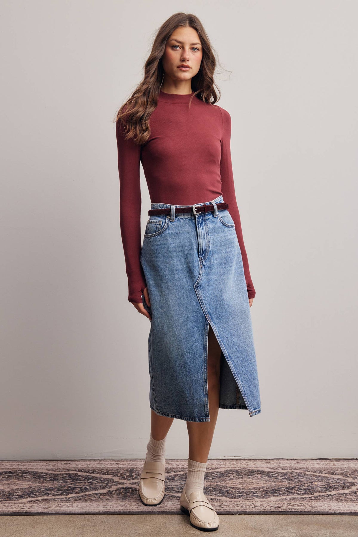 Stretch Ribbed Mock Neck Top