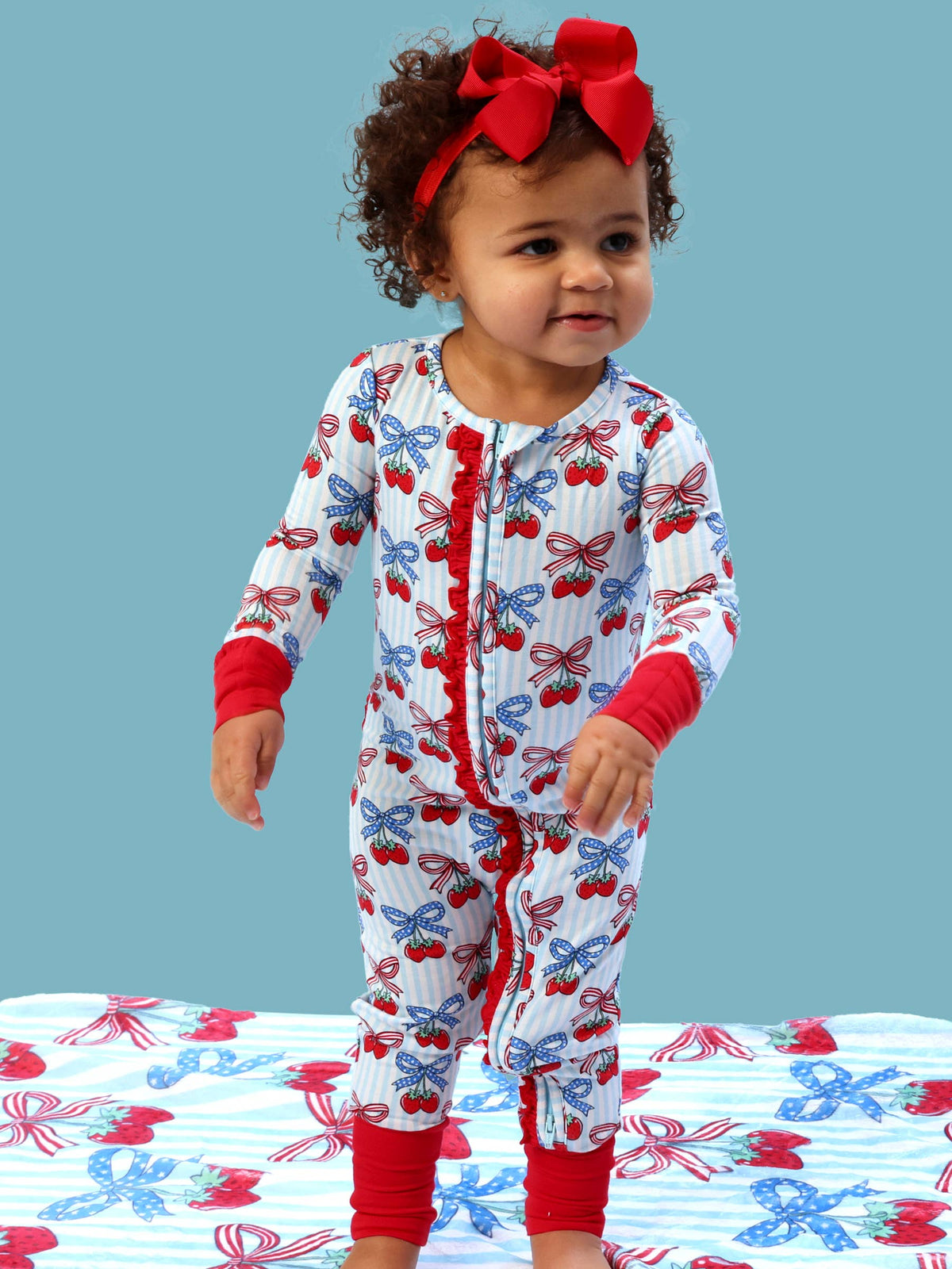 SoftSnooze™ Baby Girls Bamboo Viscose Berries & Bows Convertible Ruffle One Piece Footie Pajama