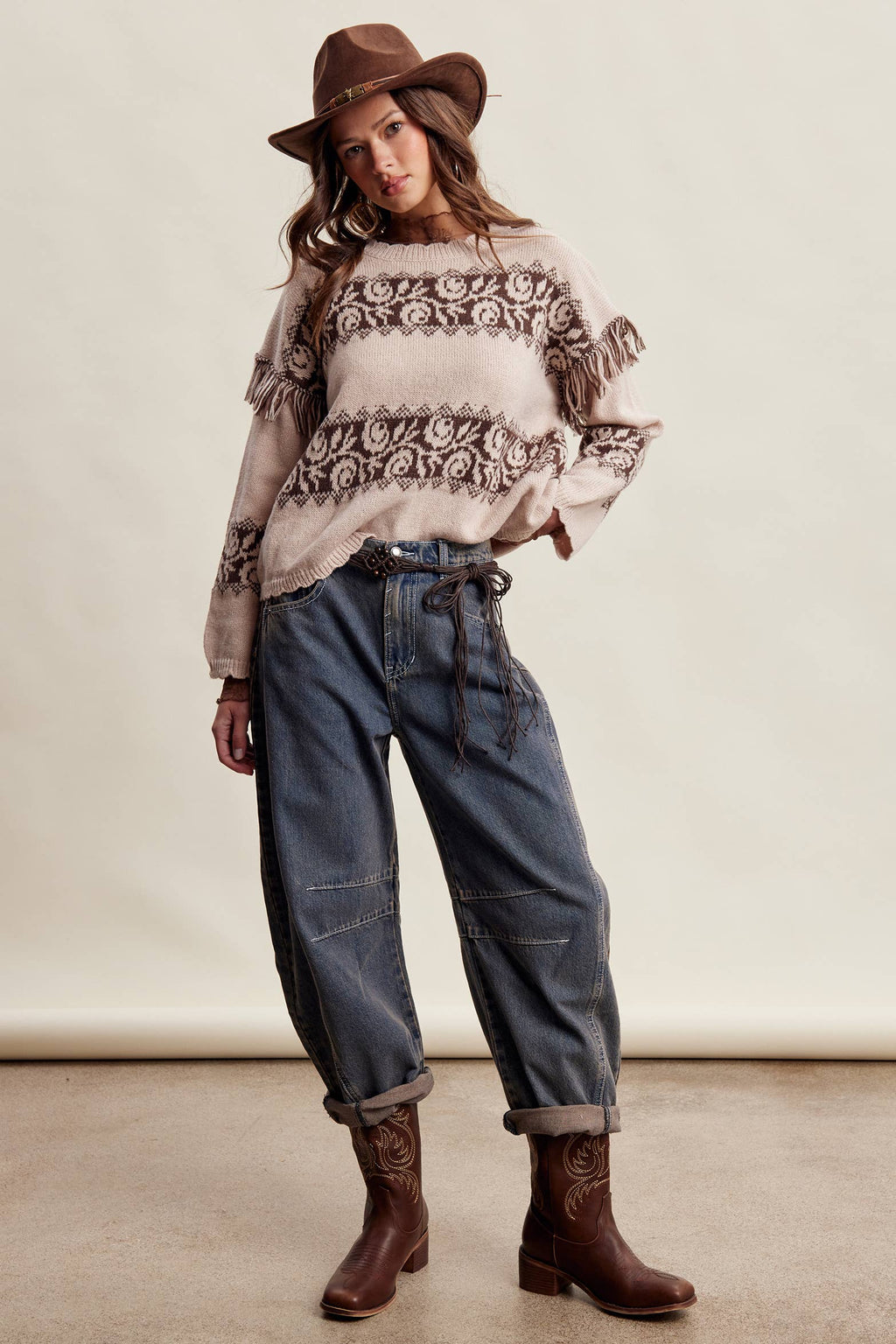 Western Fringe Pattern Knit Sweater