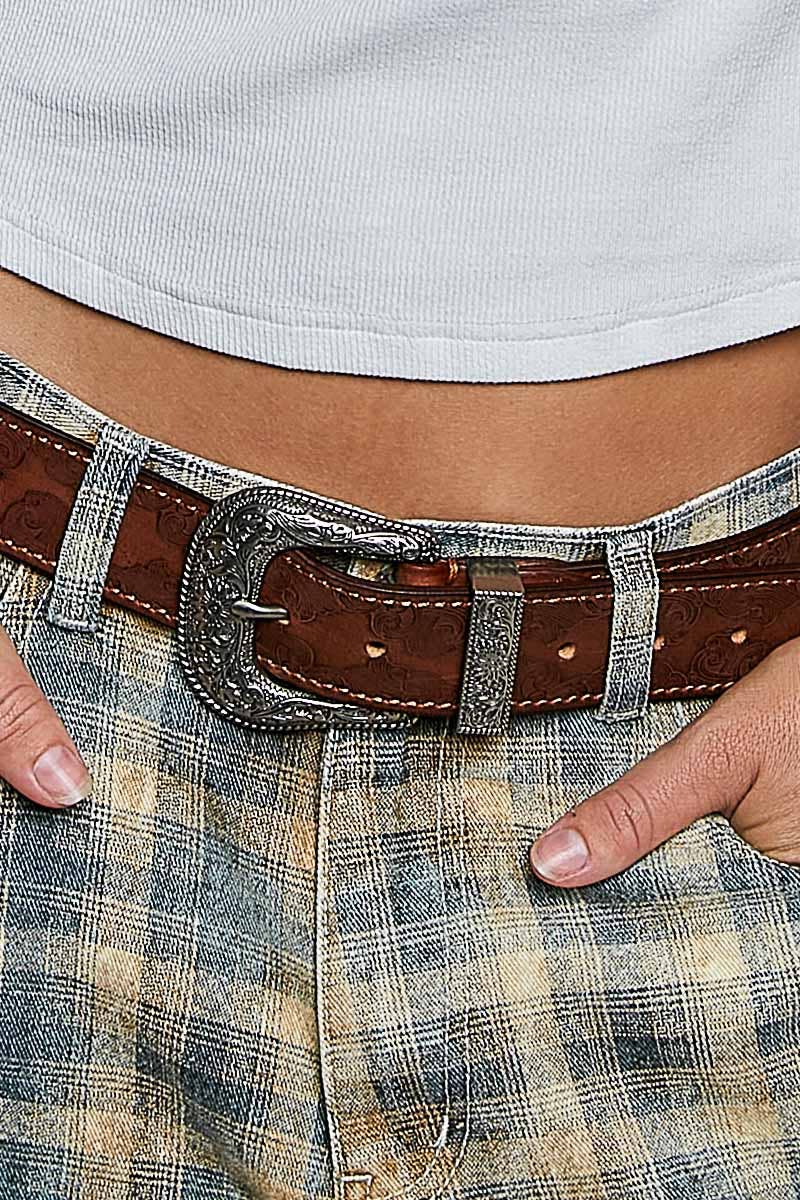 Western-Inspired Floral Embossed Genuine Leather Belt