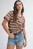 Brown Striped Boxy Short Sleeve Tee