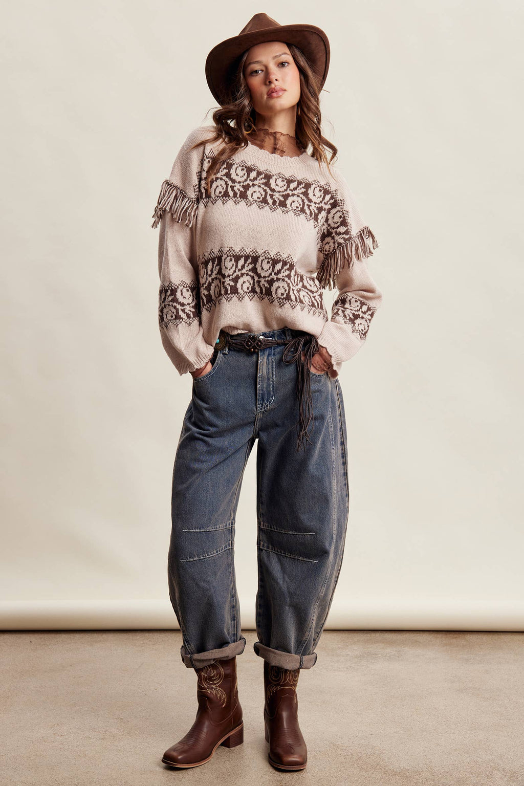 Western Fringe Pattern Knit Sweater
