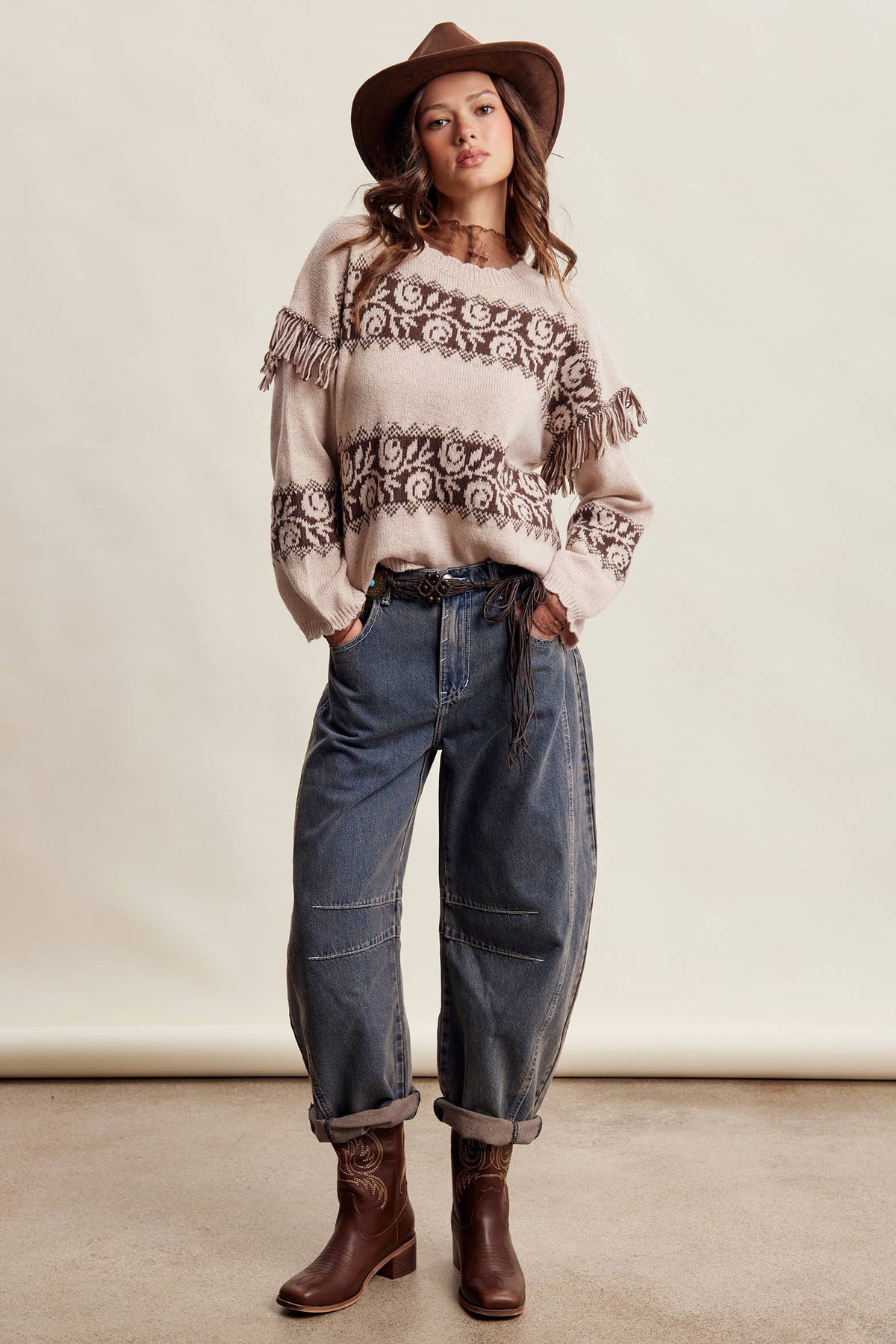 Western Fringe Pattern Knit Sweater