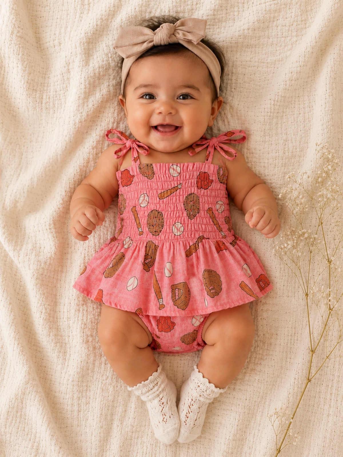 Muslin Smocked Bubble w/ Skirt, Baseball Pink