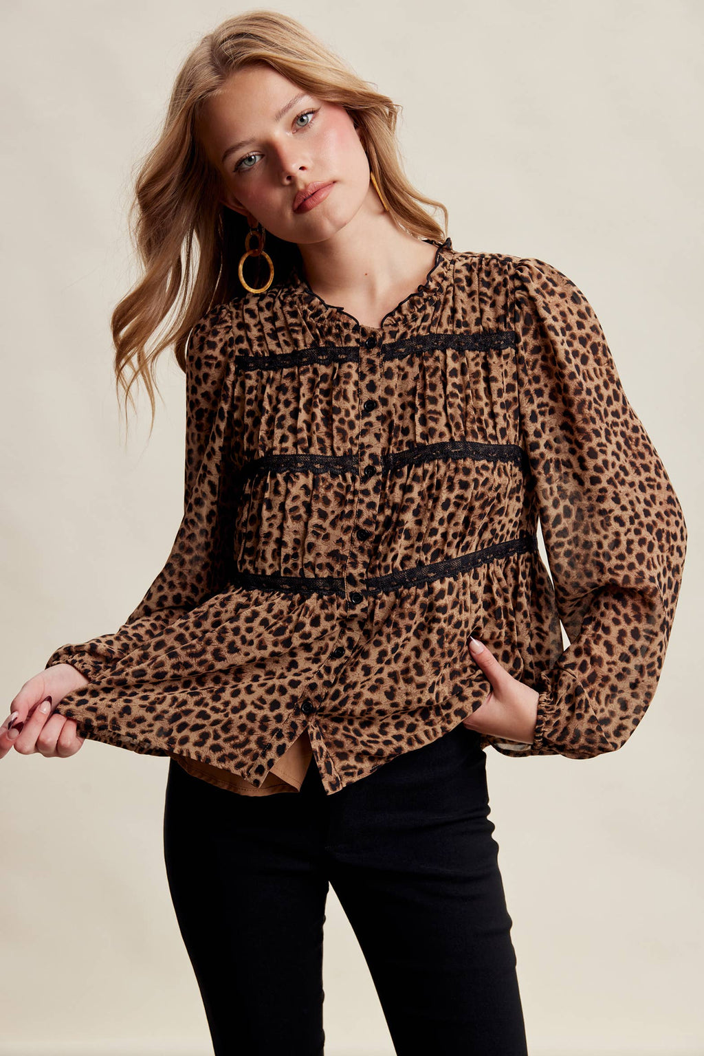 Leopard Print Lace Trim Blouse