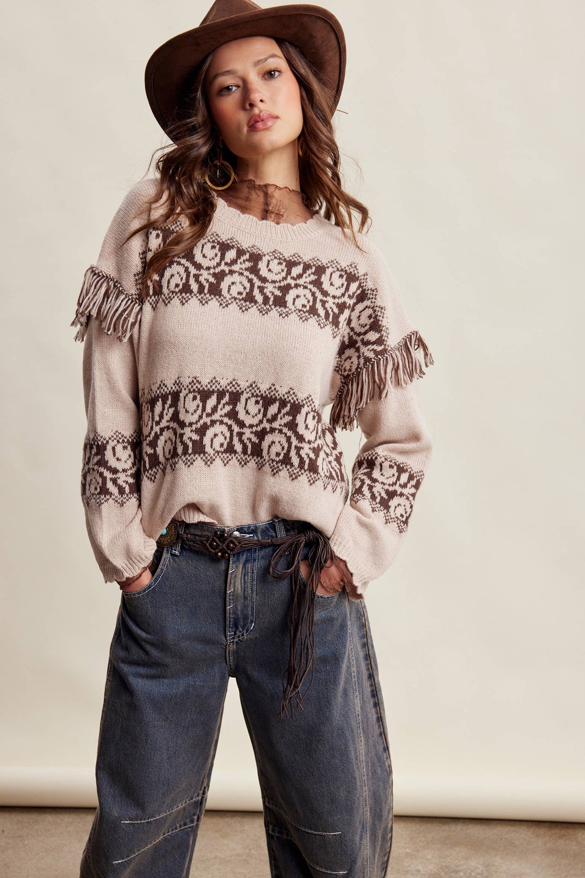 Western Fringe Pattern Knit Sweater