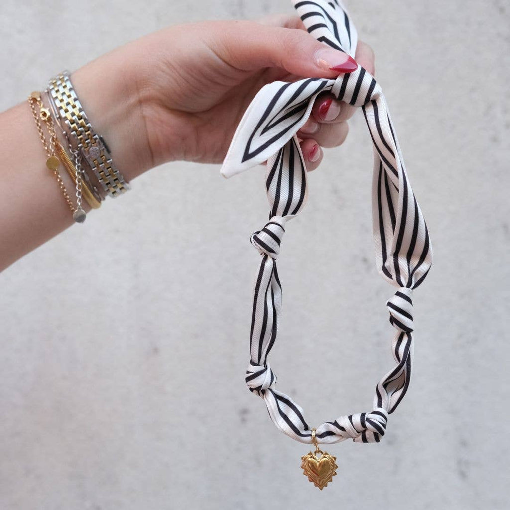 Black & White Stripe Satin Scarf Necklace in Gold