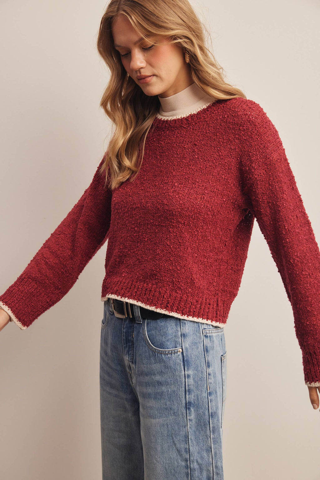 Contrast Trim Bouclé Sweater
