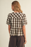 Keyhole Tie-Neck Gingham Peplum Blouse