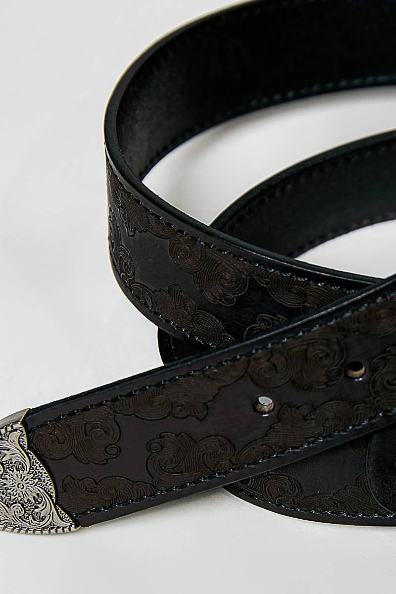 Western-Inspired Floral Embossed Genuine Leather Belt