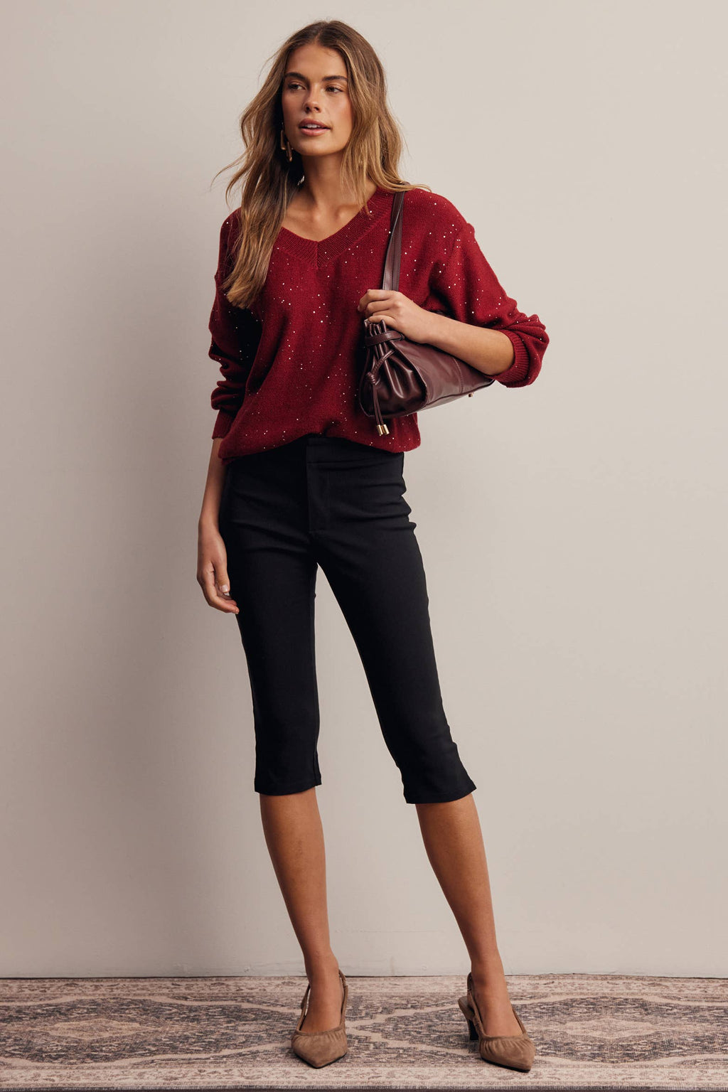 Sequin Embellished V-Neck Knit Sweater