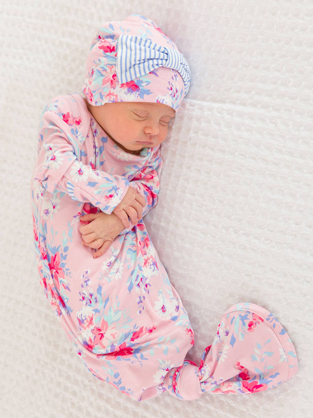 SoftSnooze™ Baby Girls Bamboo Viscose Pretty in Pink Floral Ruffle Knotted Sleep Gown & Bow Hat Set