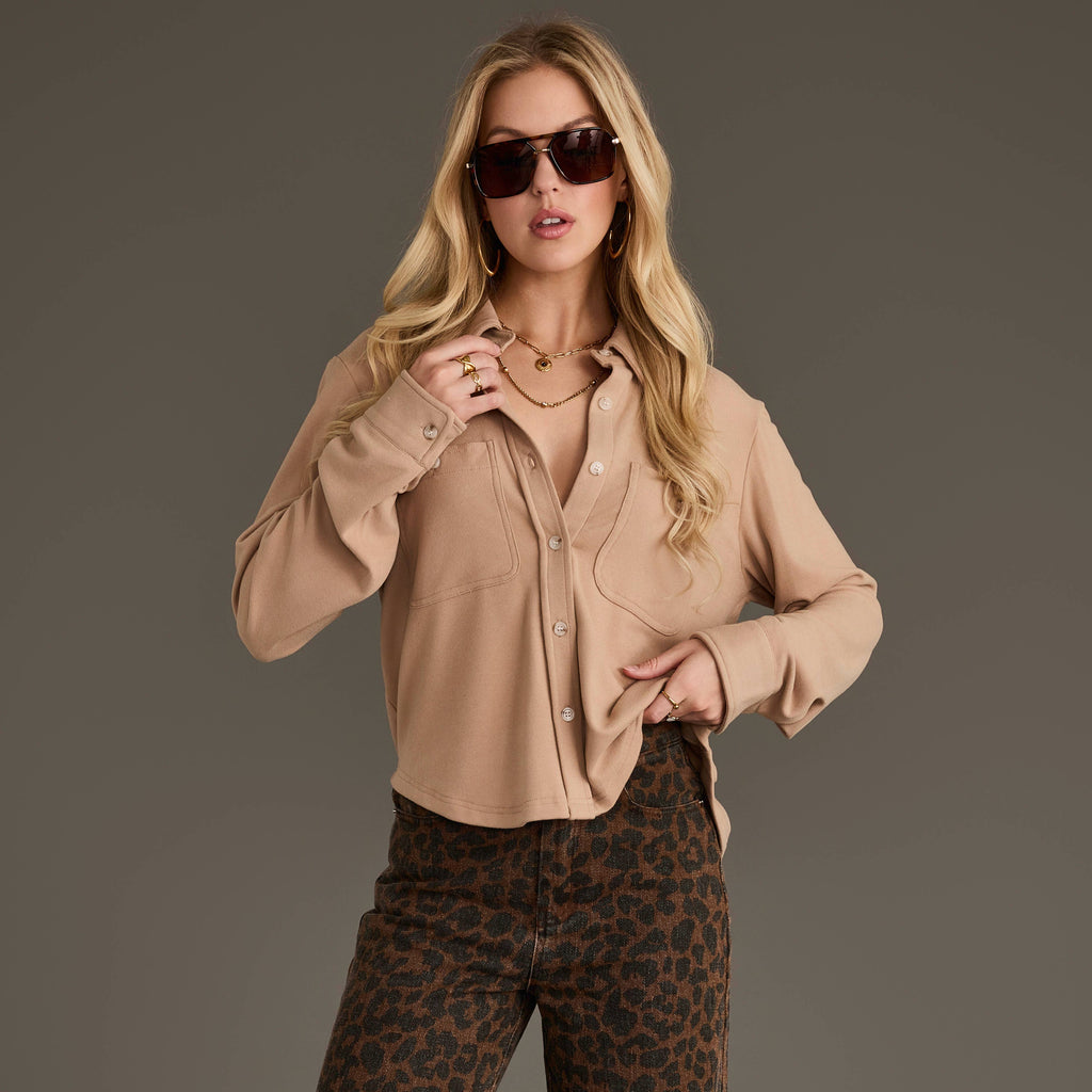 Tan Cropped Soft Button Up