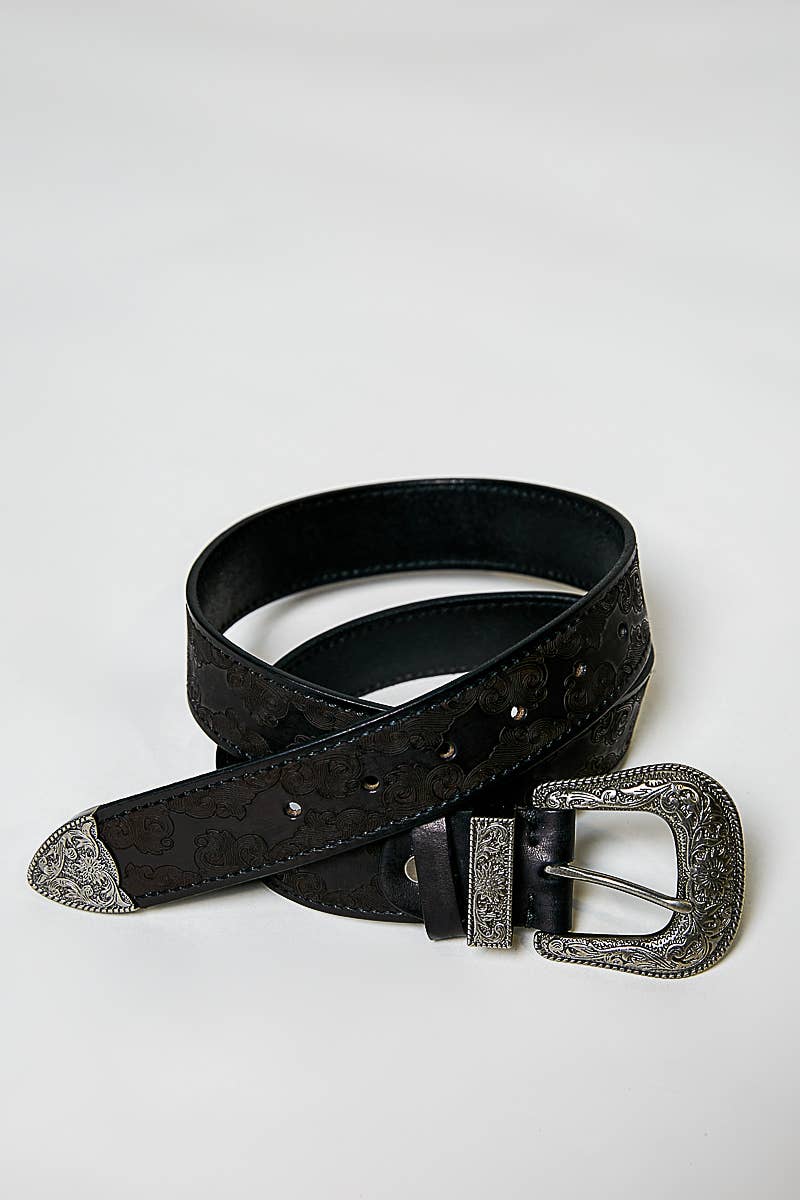 Western-Inspired Floral Embossed Genuine Leather Belt